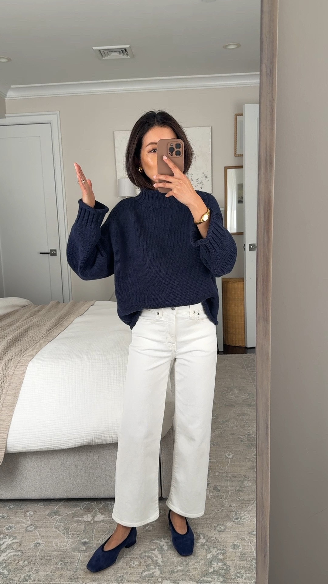 Jeans are on sale in all other colors but not white fyi 

• Slim wide jeans 24 petite, TTS, a longtime petite favorit, has stretch and is a little loose at waist for me

• Navy cotton sweater xxs, oversized relaxed fit with shorter length, thicker knit, can shrink a little bit in the dryer 

• Suede ballet flats sz 5, low stacked heel, supportive on the inside

Easy mom outfit, petite friendly jeans, transitional spring workwear outfit, rollneck sweater, white jeans

#LTKWorkwear #LTKmomlife #LTKPetite