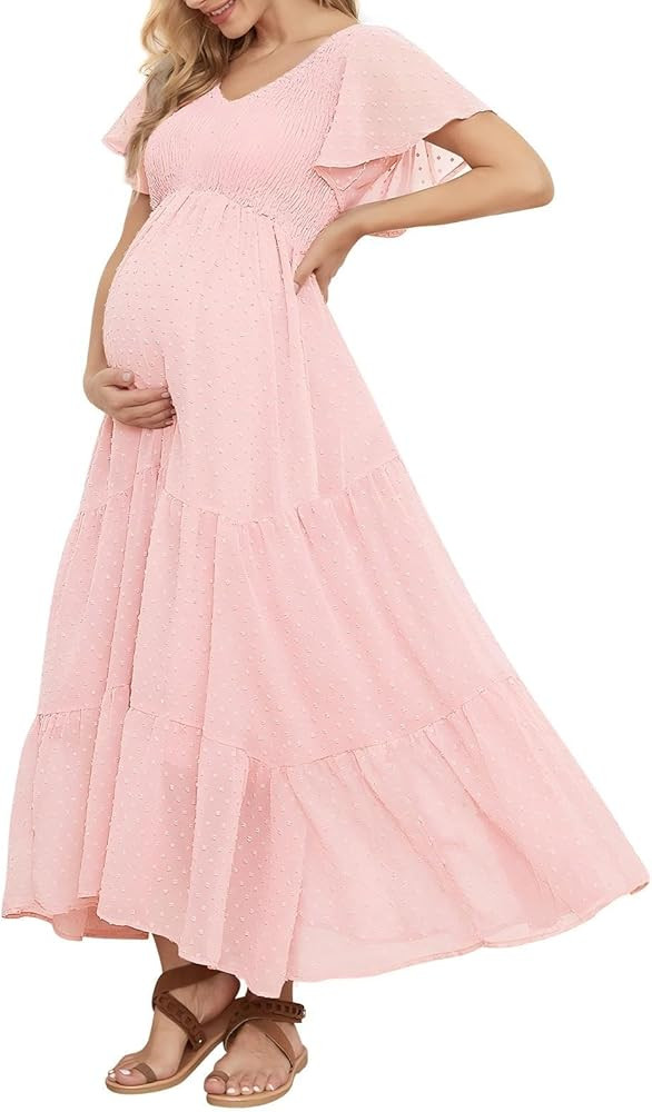 Swiss Dot Smocked Maternity Dress for Photoshoot Baby Shower, Flowy V Neck Ruffle Sleeve Empire W... | Amazon (US)