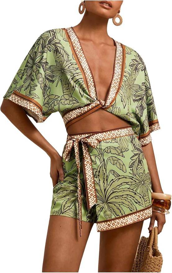 Women's 2 Piece Outfits Half Sleeve Crop Blouses and Wrap Skirts Set Boho Beach Vacation Clothes ... | Amazon (US)