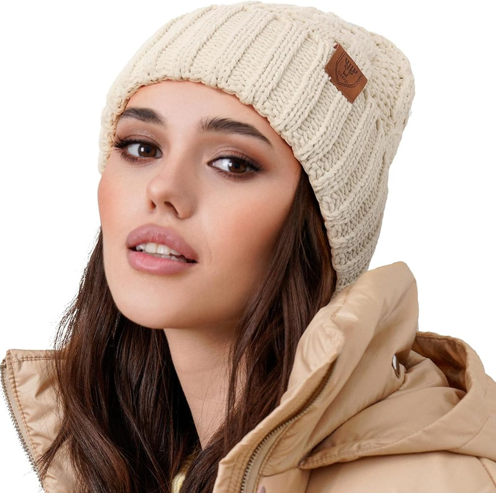 OZERO Black Beanies for Women, Knit Polar Fleece Lined Slouchy Warm Womens Hats Winter | Amazon (US)