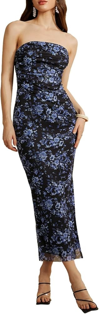 Milumia Women's Summer Disty Floral Bodycon Maxi Dress Boho Strapless Mesh Tube Dresses | Amazon (US)