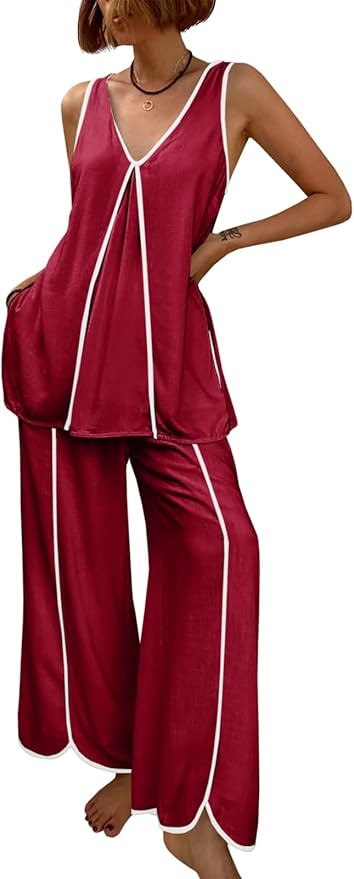 Cicy Bell Womens Summer Casual 2 Piece Outfits Sleeveless V Neck Tunic Top Matching Sets Wide Leg... | Amazon (US)