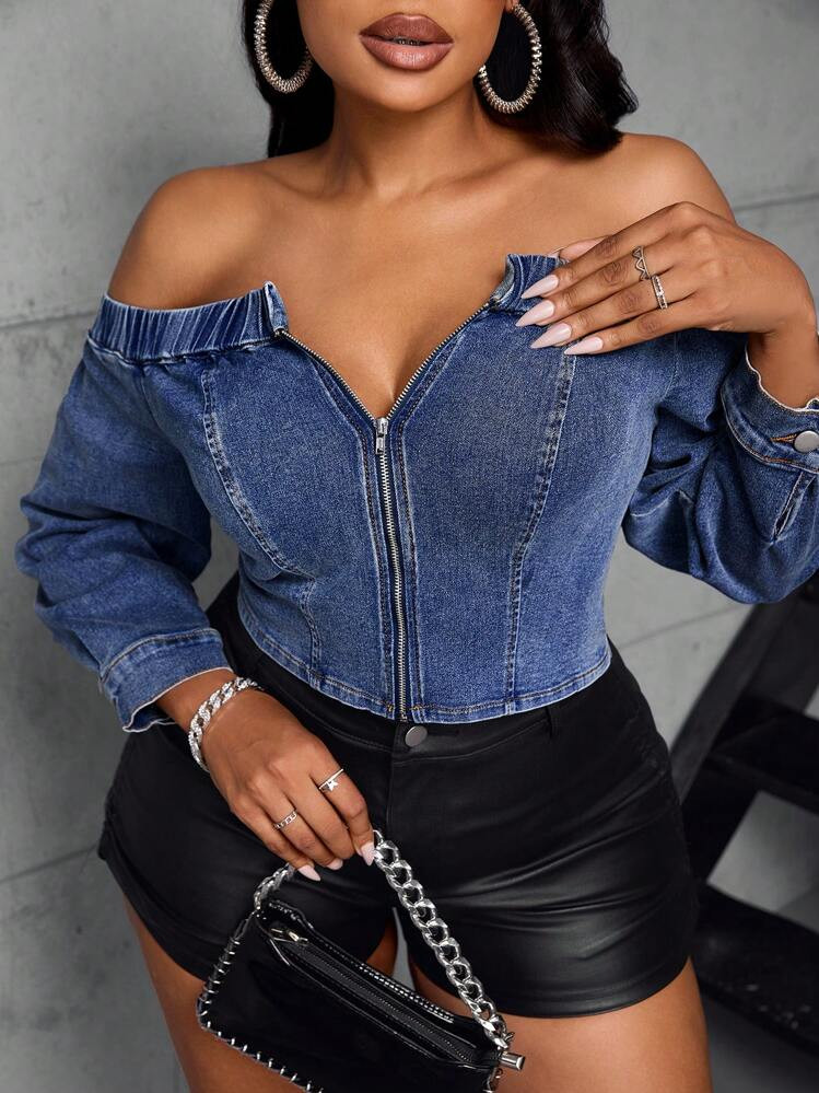 SHEIN SXY Plus Size Solid Color Zip Up Off Shoulder Long Sleeve Denim Blouse | SHEIN