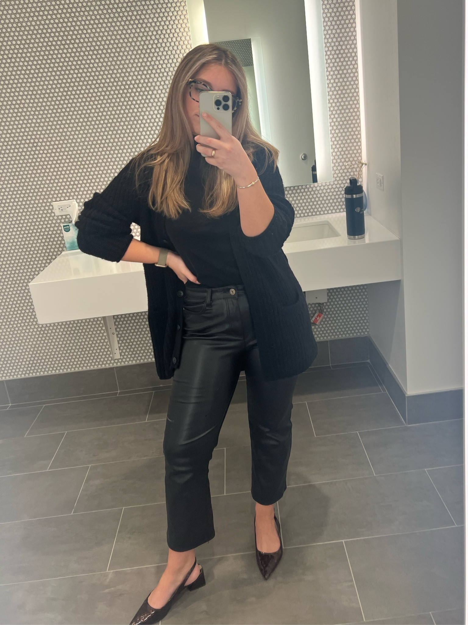 Business casual work outfit! Chic all black, but with three different textures 😛 my sweater is from Rag & Bone but no longer sold - tagged a Quince dupe instead!

#LTKfindsunder100 #LTKworkwear #LTKfindsunder50