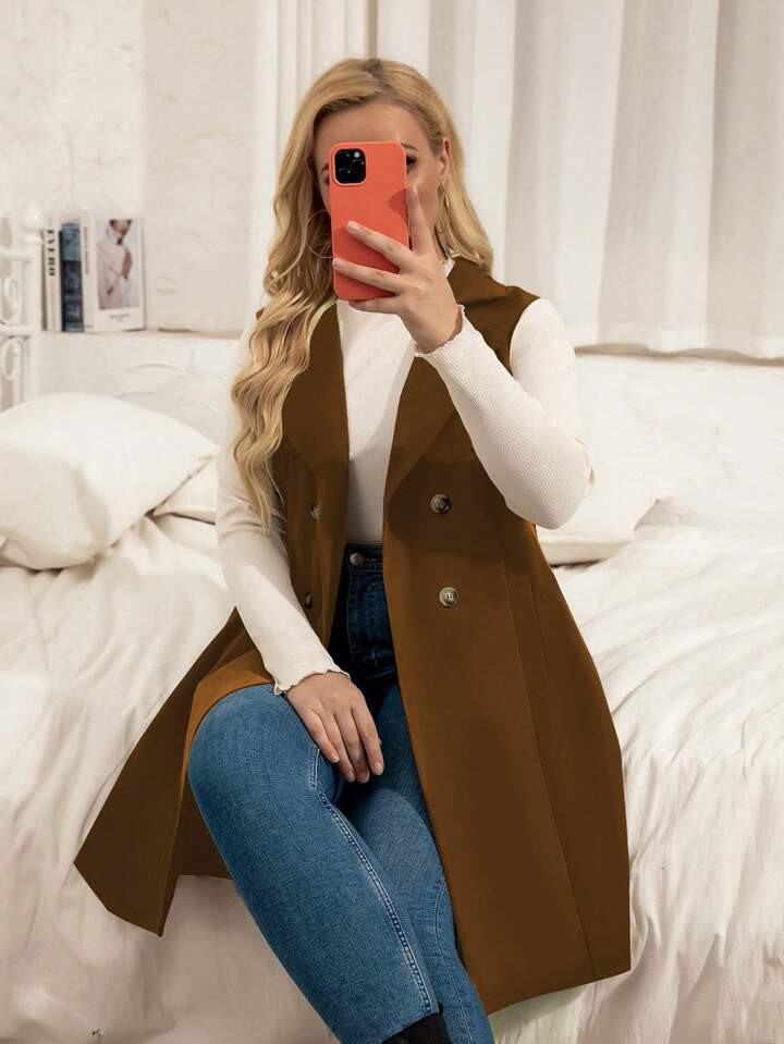 SHEIN Essnce Plus Lapel Neck Double Breasted Slant Pockets Sleeveless Coat | SHEIN