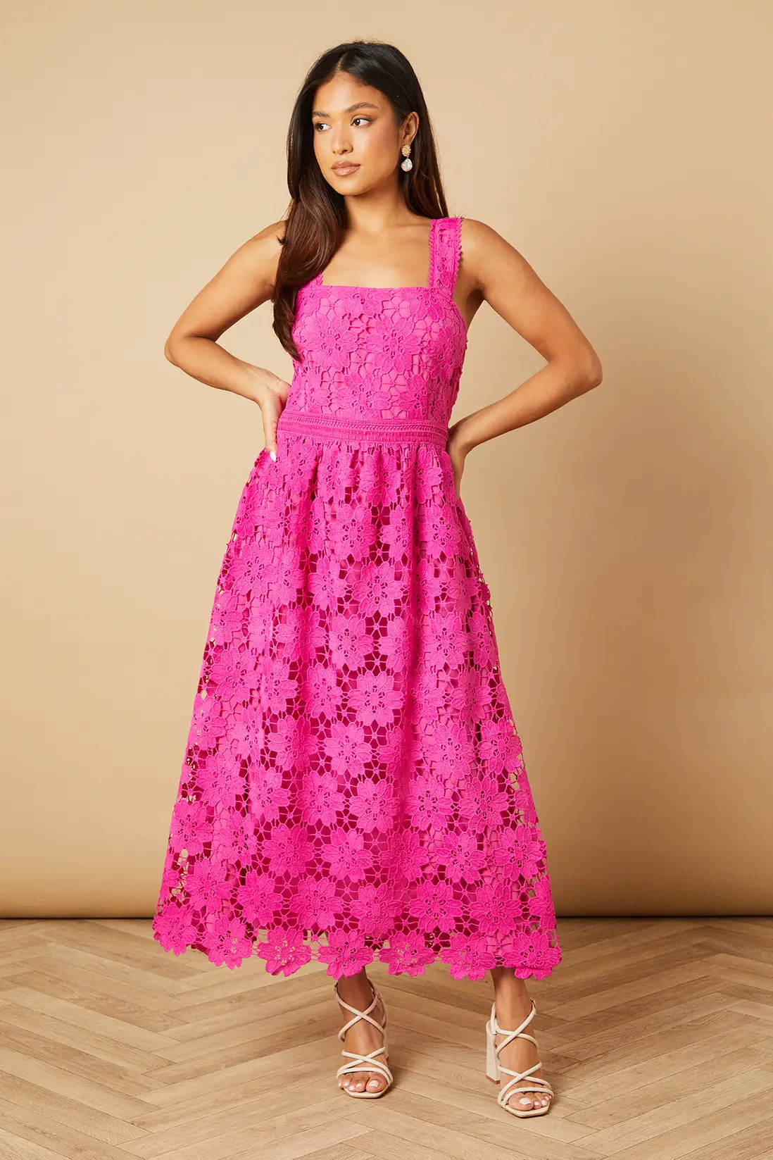 Ballerina Pink Oasis Petite Floral Lace Detail Square Neck Midi Dress | Boohoo | Boohoo.com (UK & IE)