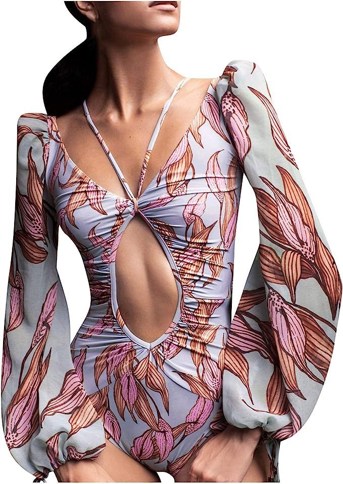 Women's Halter Monokini One-Piece Swimwear Hollow Swimsuit Beachwear Set Print Swimming Suit Tedd... | Amazon (US)