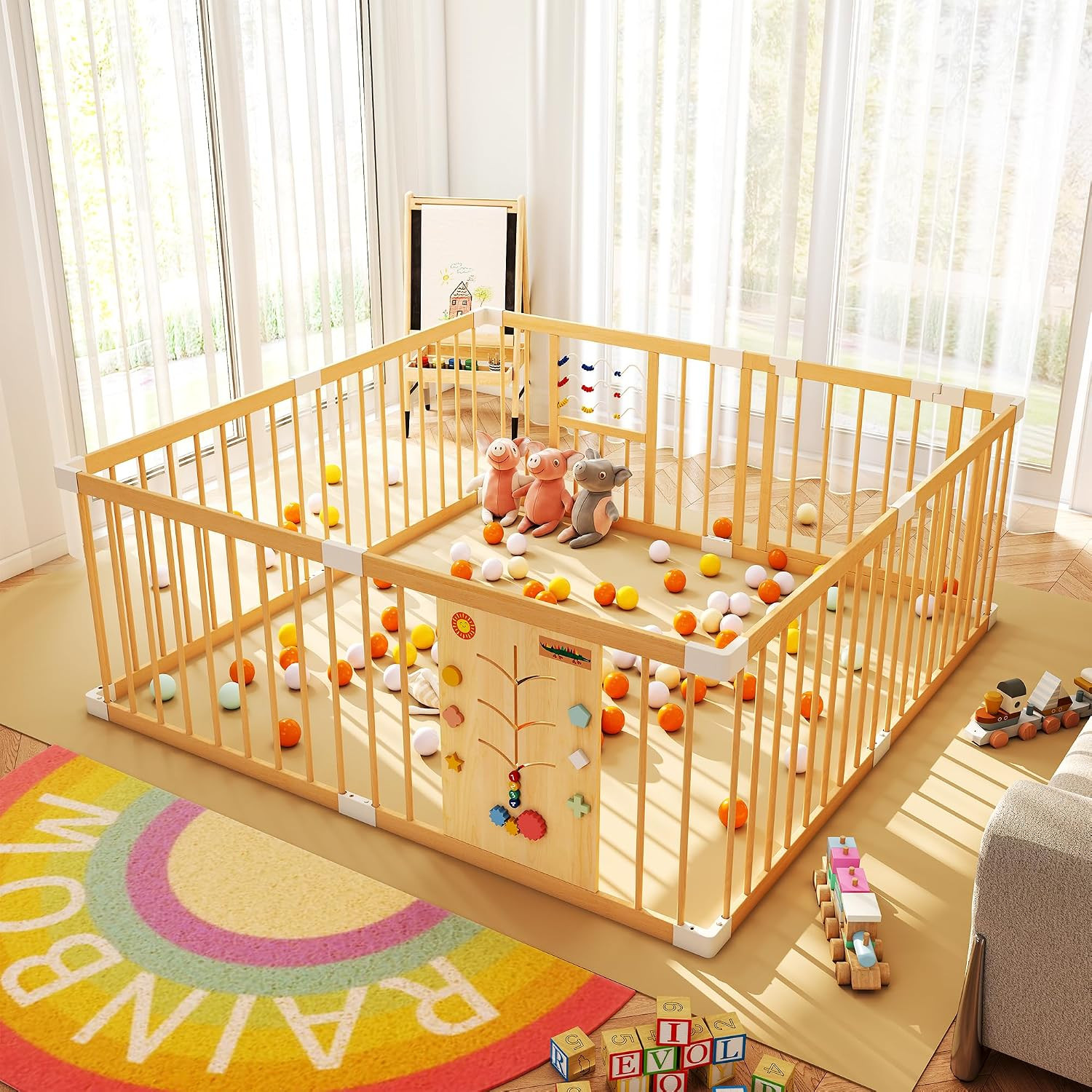 Wooden Baby Playpen with Locking Gate, Extra Large Playpen for Babies and Toddlers, Size Adjustab... | Amazon (US)