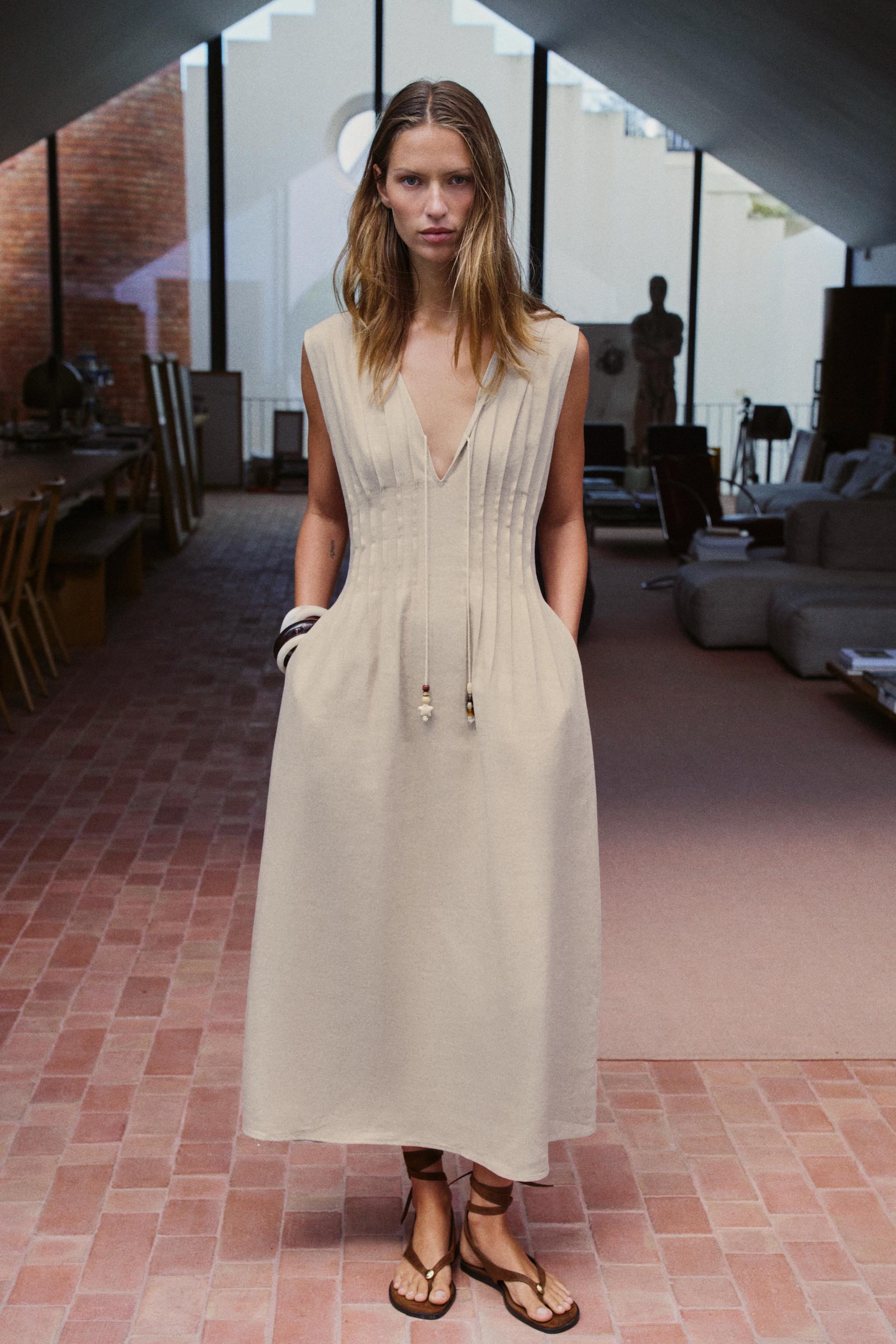 DRAWSTRING LINEN MIDI DRESS | Zara US