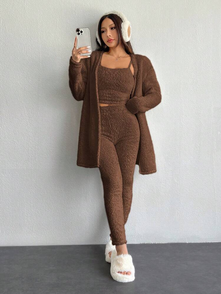 SHEIN PETITE Women's Drop Shoulder Long Sleeves Ribbed Cardigan Sweater Vest And Pants Set,Fall,Fall Clothes For Women,Women's Winter Clothes | SHEIN