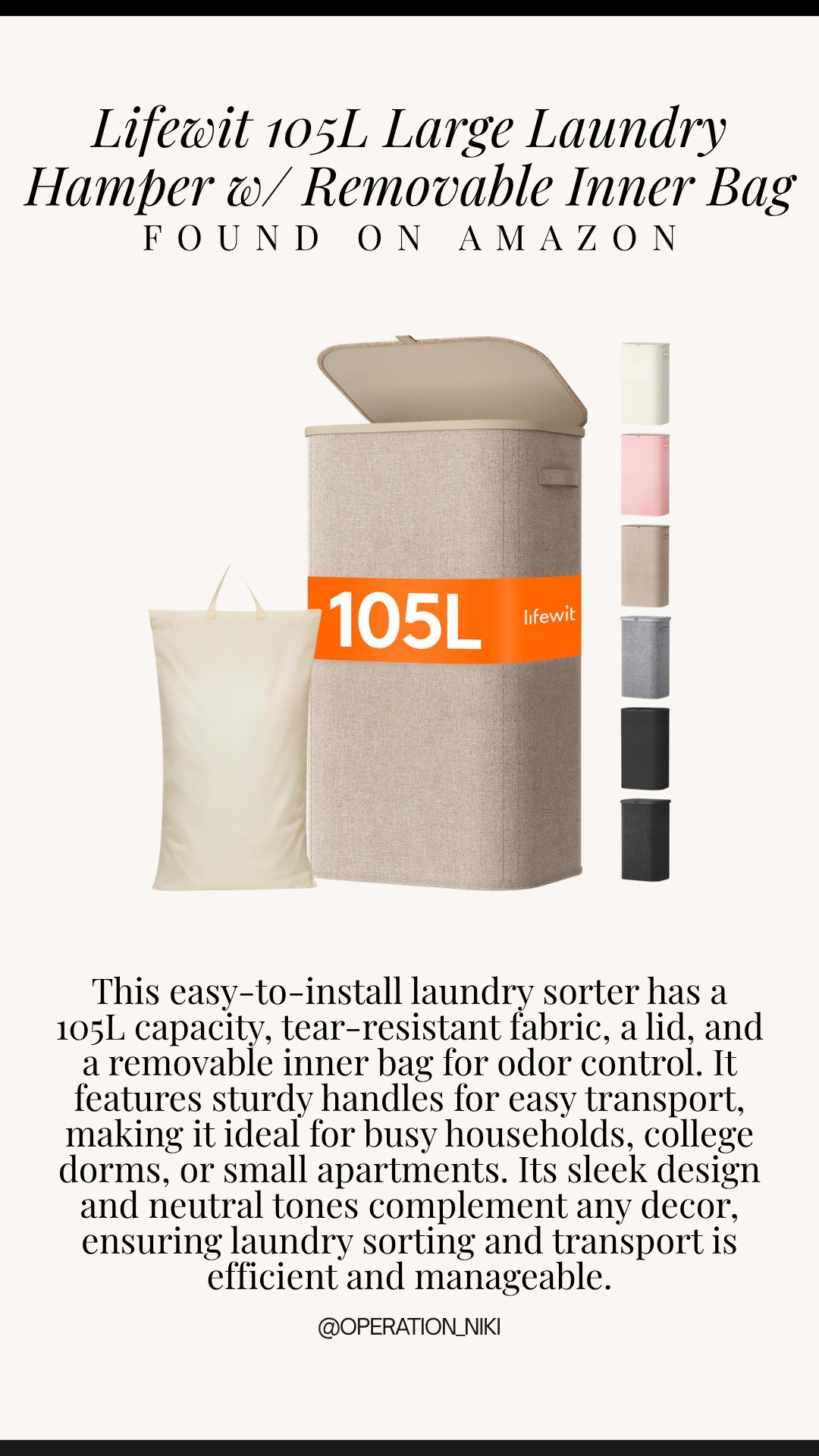 Making laundry day feel effortless and aesthetic comes down to having the right storage setup! 🧺✨

This easy-to-install laundry sorter features a massive 105L capacity, tear-resistant fabric, a closing lid, and a convenient removable inner liner bag for simple odor control. Designed with sturdy side handles, it makes carrying loads to the wash completely seamless. Plus, its minimal silhouette and neutral color options look so chic in any bedroom, closet, or laundry room!

Shop this Lifewit laundry hamper linked below! 🛒

Follow for more @OPERATION_NIKI on IG, TikTok, & Facebook

#Lifewit #AmazonHome #LaundryRoomOrganization #OperationNiki #HomeEssentials #LaundryHamper #OrganizationHacks #AestheticHome #ShoppingHaul 

 #LTKHome