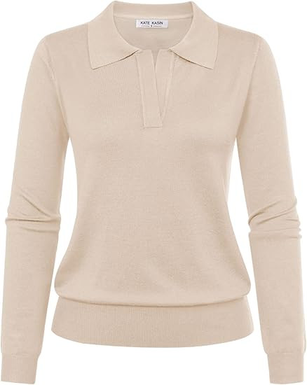 Kate Kasin Women Long Sleeve Polo Sweater V Neck Knitted Tops Casual Ribbed Shirt Loose Pullover ... | Amazon (US)