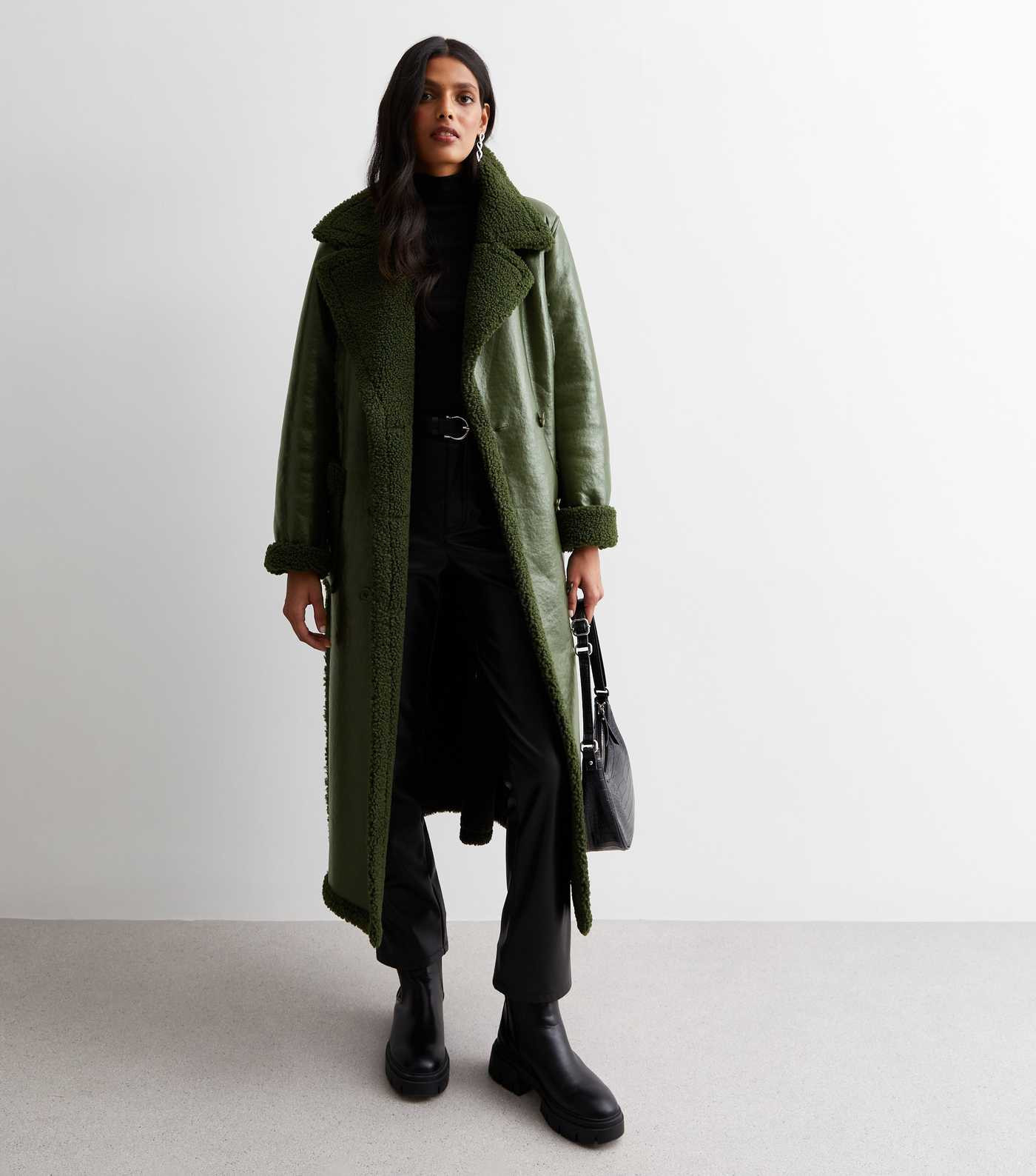 Khaki Leather-Look Teddy Trim Longline Trench Coat
						
						Add to Saved Items
						Remove f... | New Look (UK)