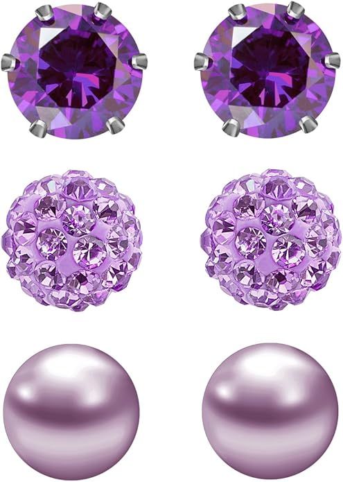 JewelrieShop Birthstone Studs Earring Set Cubic Zirconia Rhinestones Crystal Ball Faux Pearl Stai... | Amazon (US)