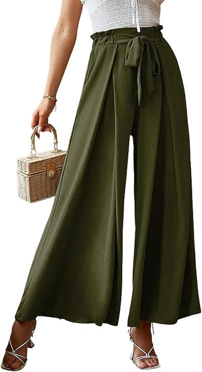 Simplee Women's Elegant Striped Split High Waisted Belted Flowy Wide Leg Pants | Amazon (US)