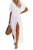 Dokotoo Womens Casual Short Sleeve Side Split Button Down Long Kimonos Cardigans Swimsuit Cover U... | Amazon (US)