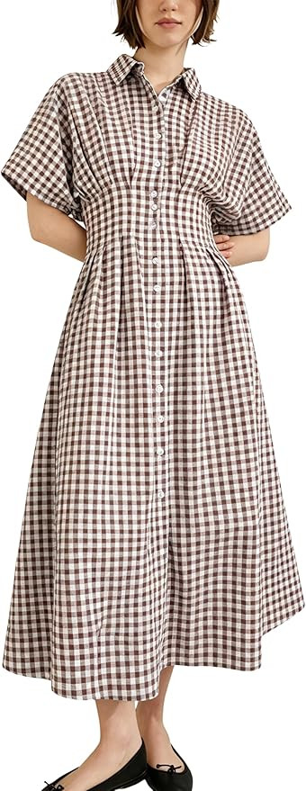 Yeokou Women Plaid Shirt Dress Short Sleeve Button Down Pleated Gingham A Line Maxi Dresses Casua... | Amazon (US)