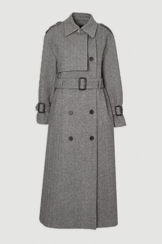 Plus Size Herringbone Wool Belted Trench Tailored Maxi Coat | Karen Millen UK + IE + DE + NL