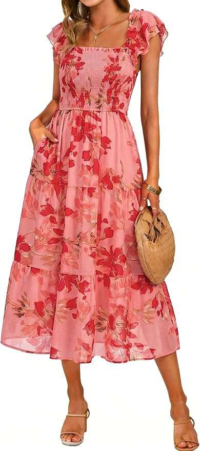 Simplee Women Floral Summer Sun Dress Flutter Sleeve Smocked Chiffon Midi Dress Casual Boho Flowy... | Amazon (US)