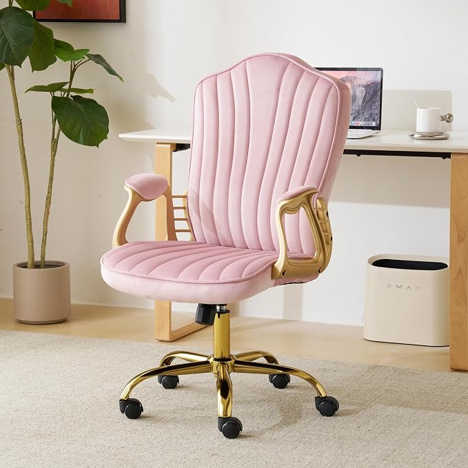 Velvet Home Office Chair with Gold Arms and Legs, Comfortable Upholstered Tufted Swivel Desk Chai... | Amazon (US)