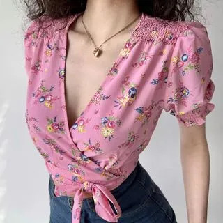 Short-Sleeve Floral Print Wrap Crop Top | YesStyle Global