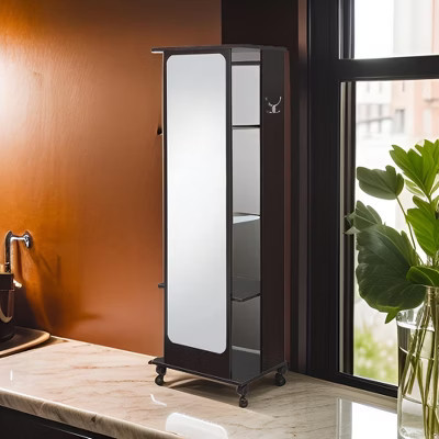 Royal Hampton Mirror and Wood Hall Tree with Hanging Rod and Casters, Brown and Silver | Target