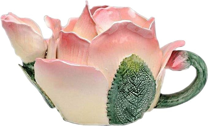 Pink and White Rose Petal Shaped Teapot with Green Leaf Like Handle | Amazon (US)