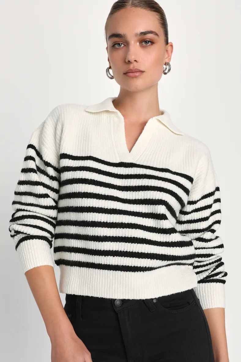 Pleasant Comfort White and Black Striped Collared Sweater | Lulus (US)