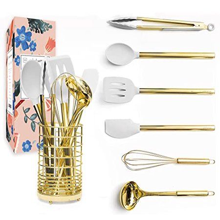 White Silicone and Gold Cooking Utensils Set with Holder- 7 PC Gold Kitchen Utensils Set Includes Go | Walmart (US)
