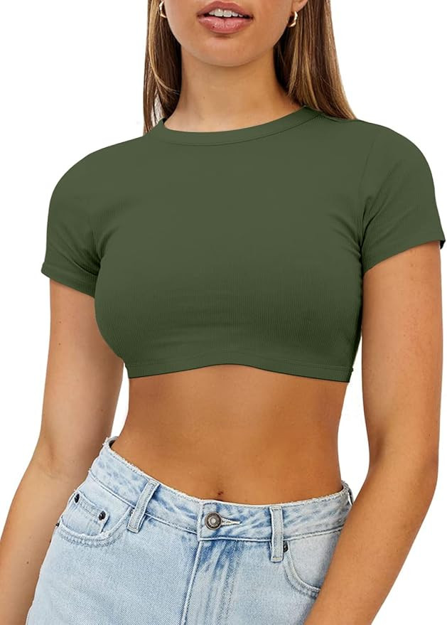 Womens Crop Tops Crewneck Y2K Summer T-Shirt Basic Short Sleeve Fitted Knit Ribbed Casual Blouse ... | Amazon (US)