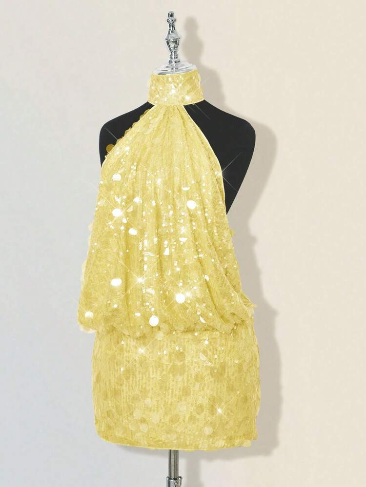 SHEIN ICON Glittering Sequin High Neck Backless Ruched Bodycon Mini Dress | SHEIN
