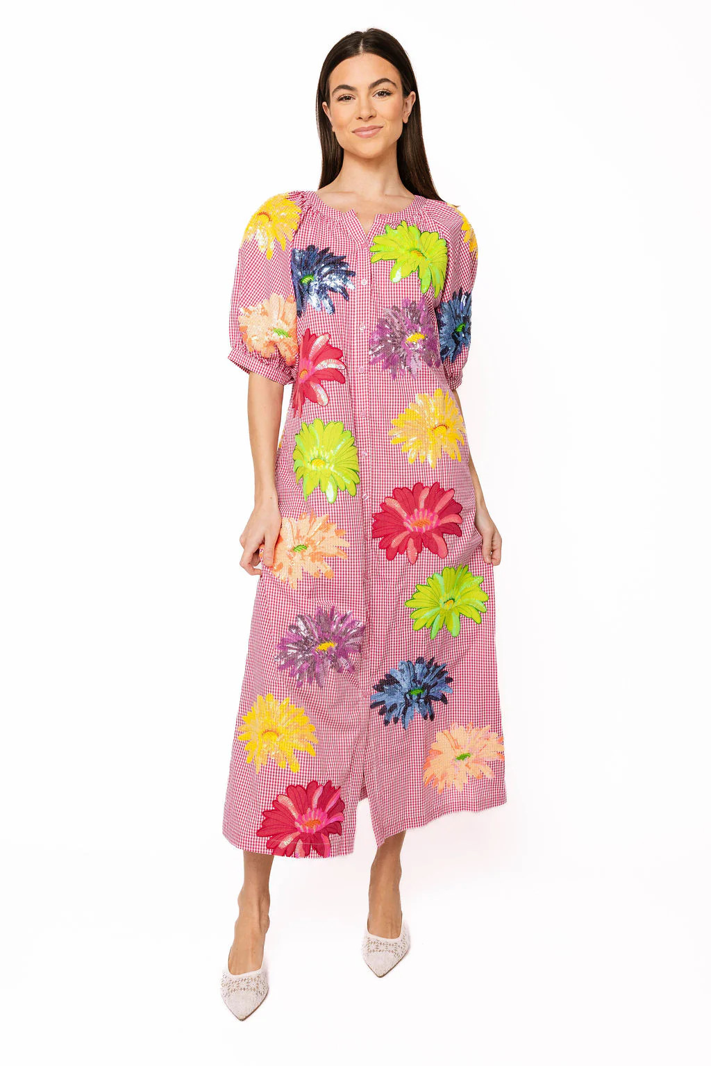Pink Gingham Multi Flower Button Up Cotton Midi Dress | Queen of Sparkles