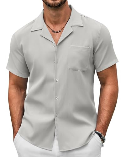 COOFANDY Mens Linen Shirts Short Sleeve Casual Shirts Beach Wedding Shirts for Men Light Gray | Amazon (US)
