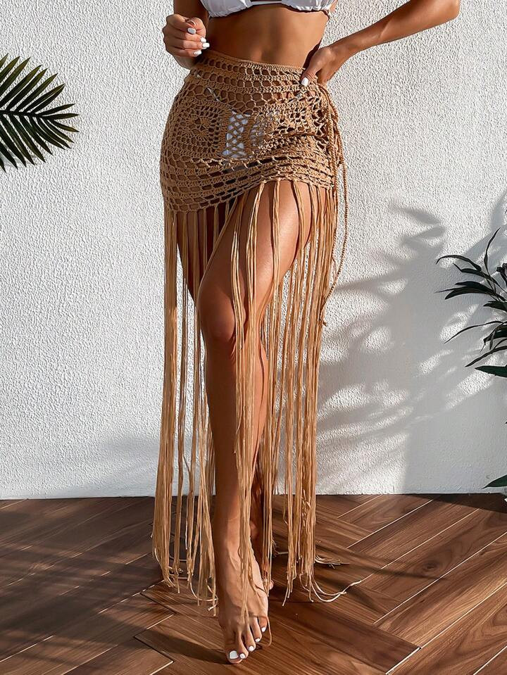 SHEIN Swim Summer Beach Hollow Out Fringe Hem Crochet Fringe Hem Cover Up Skirt | SHEIN