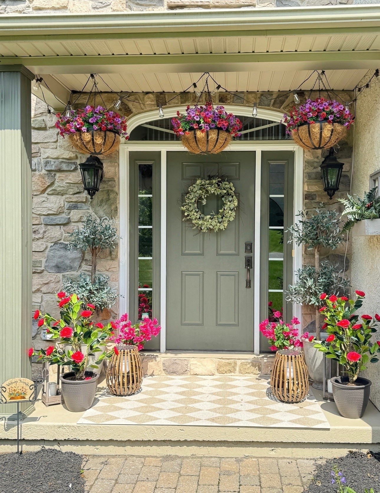 Beautiful outdoor UV resistant faux  flowers that come in a variety of color combinations. Also sharing my two topiaries, camellia plants, large planters, metal hanging baskets with secured coconut liner in various sizes, and vinyl mat. 

#LTKSeasonal #LTKHome