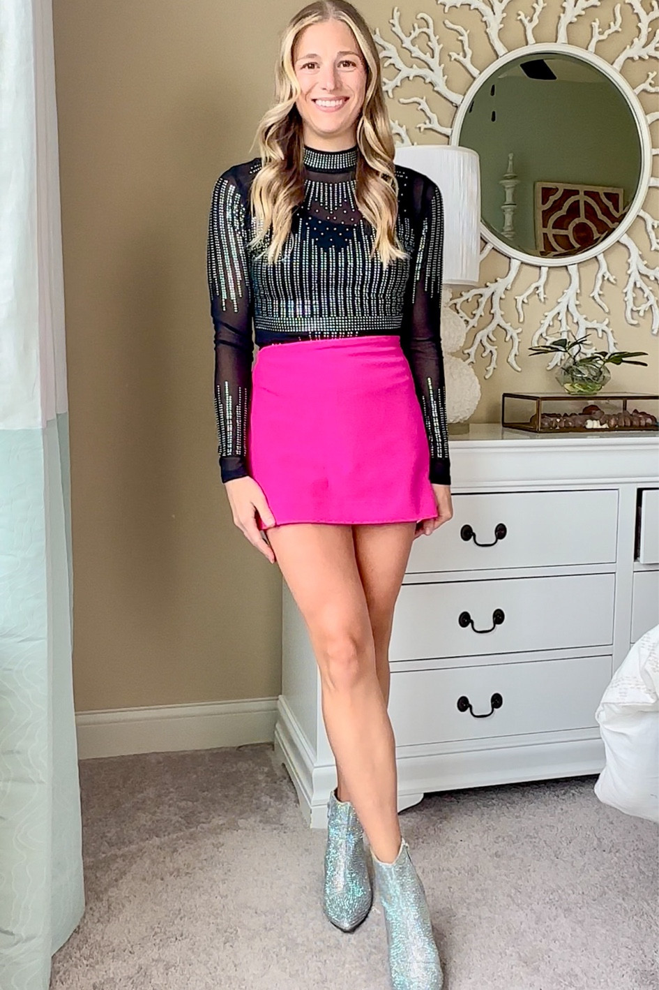 Top xs TTS. Skort xs TTS. Boots 6.5 TTS. 

Going out outfit. Vegas outfit. Birthday outfit. Bachelorette outfit. 