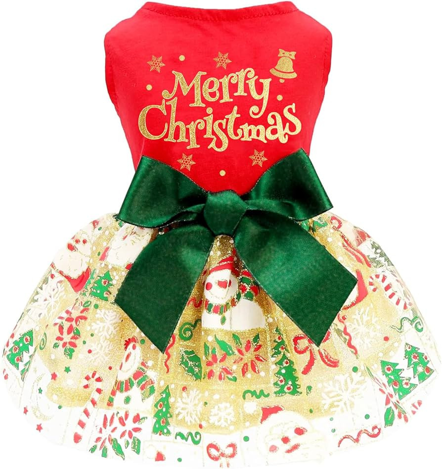 Merry Christmas Dog Dress, 100% Cotton Outfit Girl Dress Lightweight Doggie Cat Costume Puppy Clo... | Amazon (US)