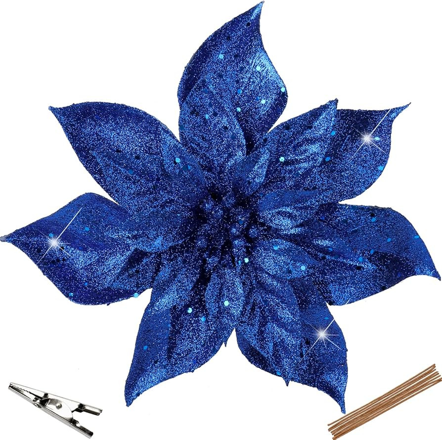 Briful 9'' Christmas Poinsettia Flowers 8PCS Blue Glitter Artificial Flowers Large Christmas Orna... | Amazon (US)