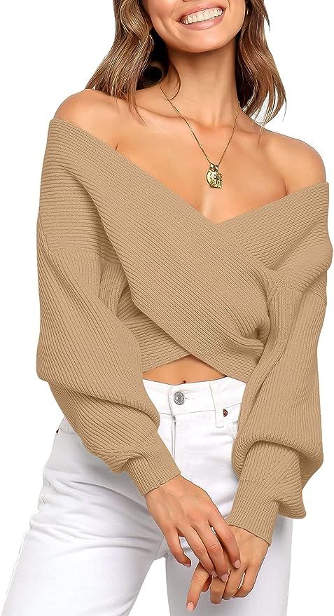 ANRABESS Women’s 2022 Fall Fashion Long Sleeve Off Shoulder Crissover V Neck Knit Cropped Sweat... | Amazon (US)