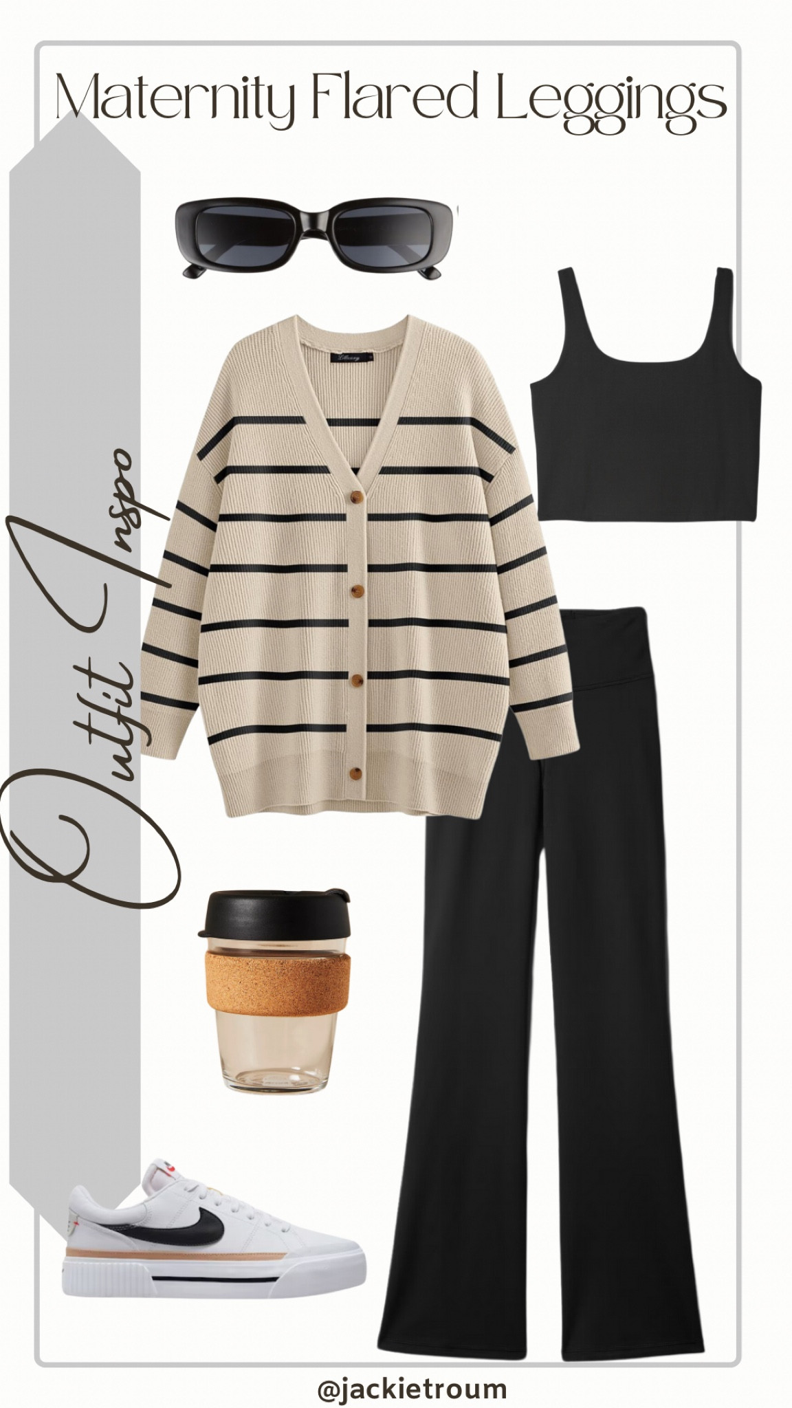 A Flared Legging Maternity Look.

Black Flared Leggings & Jersey Bra: GAP
Striped Oversized Cardigan: Amazon
Nike Court Legacy Lift Sneaker
Black Rectangular Sunglasses: AIRE
Reusable Glass Coffee Cup: KeepCup

#LTKBump #LTKShoeCrush

#LTKStyleTip #LTKSeasonal #LTKActive