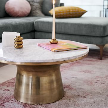 Marble-Topped Pedestal Coffee Table - White Marble/Antique Brass | West Elm (US)