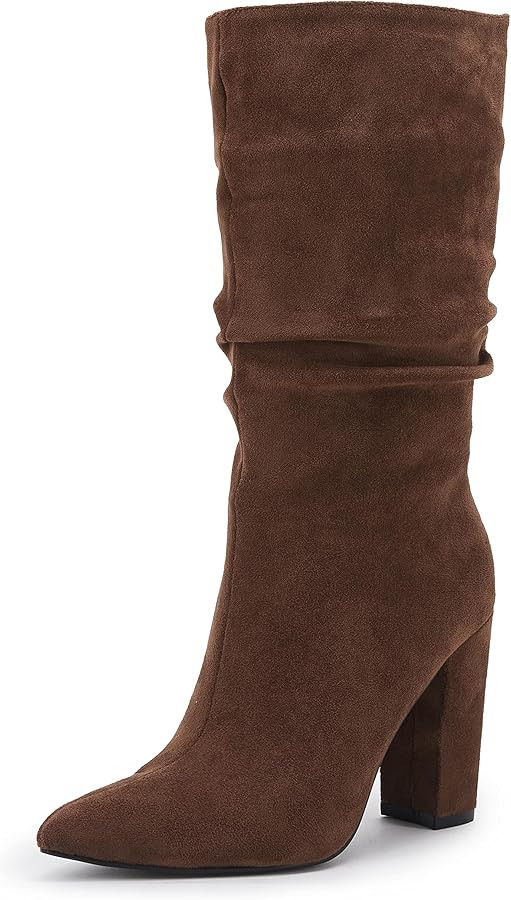 Syktkmx Womens Winter Slouchy High Heel Boots Mid Calf Suede Slip on Chunky Block Pointed Toe Boo... | Amazon (US)