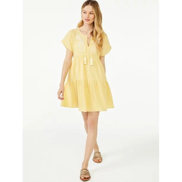 Scoop Women's Short Sleeve A-Line Short Dress with Tassels | Walmart (US)