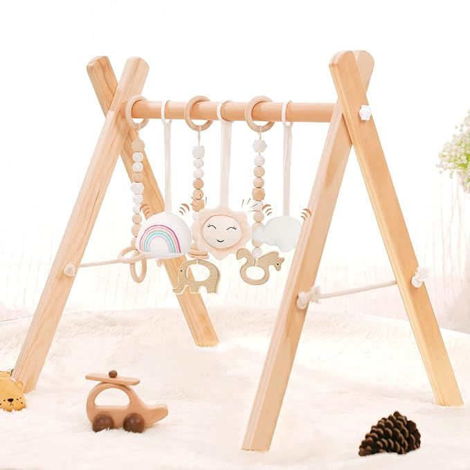 Wooden Baby Gym with 6 Wooden Baby Toys Foldable Baby Play Gym Frame Activity Gym Hanging Bar New... | Amazon (US)