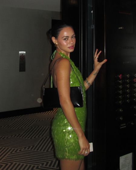 Miami bachelorette party style green sequins sparkle mini dress, heaven mayhem gold earrings

#LTKFestival #LTKstyletip #LTKparties