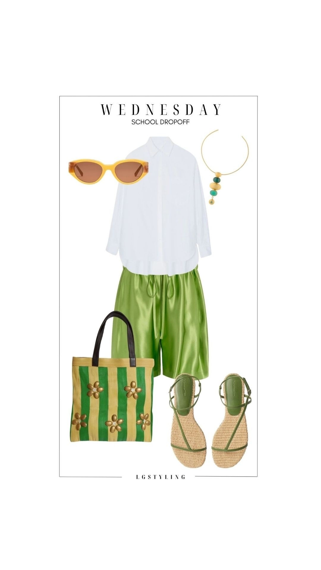 WEDNESDAY — SCHOOL DROPOFF
A white button-down + shorts will forever be an easy warm-weather formula—but color changes everything. 💚 Satin green shorts, playful accessories and raffia sandals turn a simple staple into a look that feels fresh, fun and intentional.