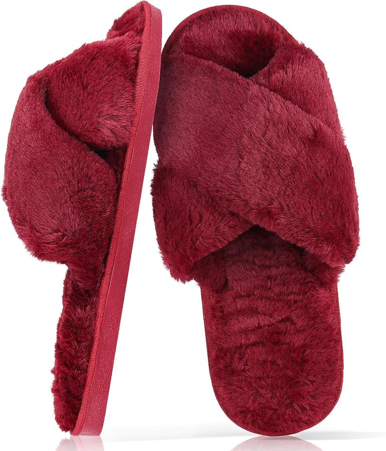 Womens Fluffy Slippers, Anti-Skid Faux Fur House Slippers, Warm Furry Cozy Open Toe Sliders Shoes | Amazon (UK)