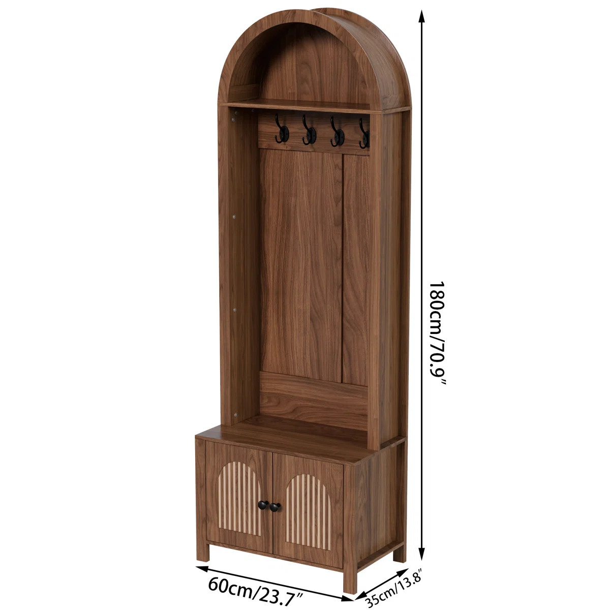 Arch Hall Tree With Bench And Shoe Storage, 4-in-1 Coat Rack With 4 Hooks And 2 Fluted Doors | Wayfair North America