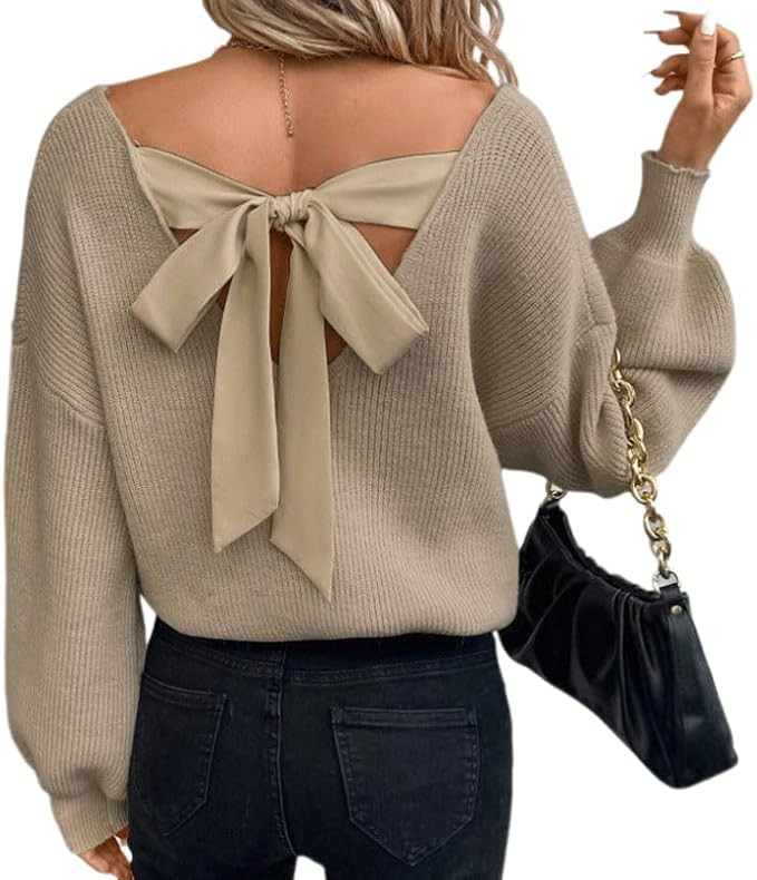 Melliflo Women's V Neck Backless Pullover Sweater Bow Tie Knit Top Fall Casual Loose Lantern Slee... | Amazon (US)