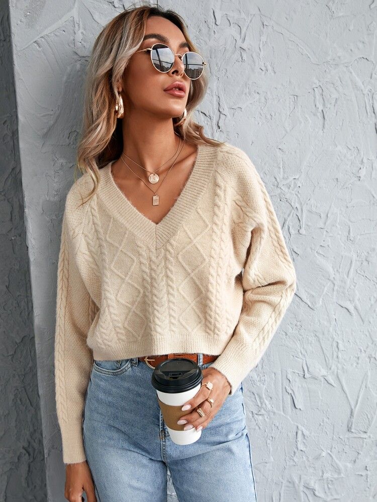 Cable Knit Raglan Sleeve Cropped Sweater | SHEIN